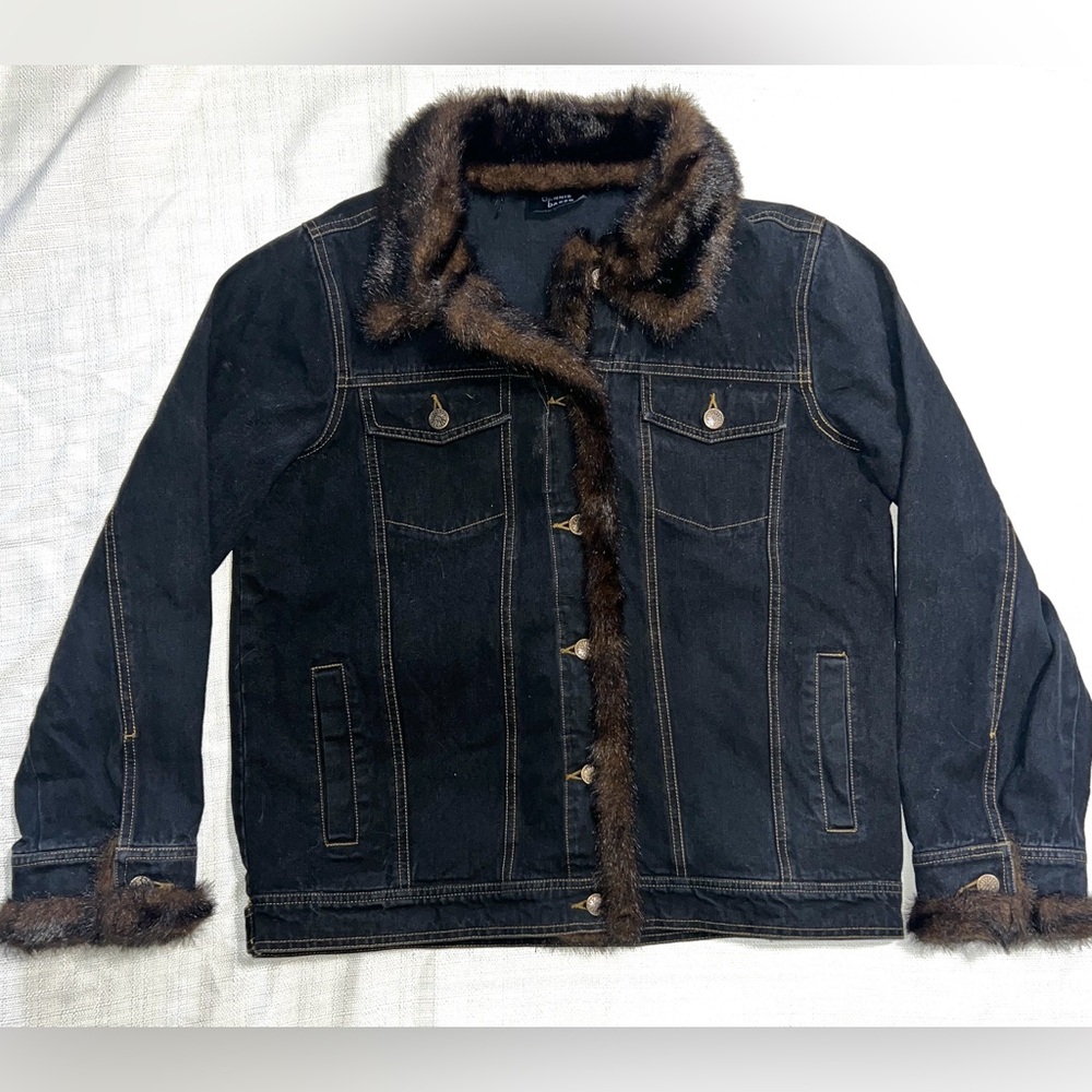 Dennis Basso Y2K Denim Jacket with Brown Faux Fur Trim